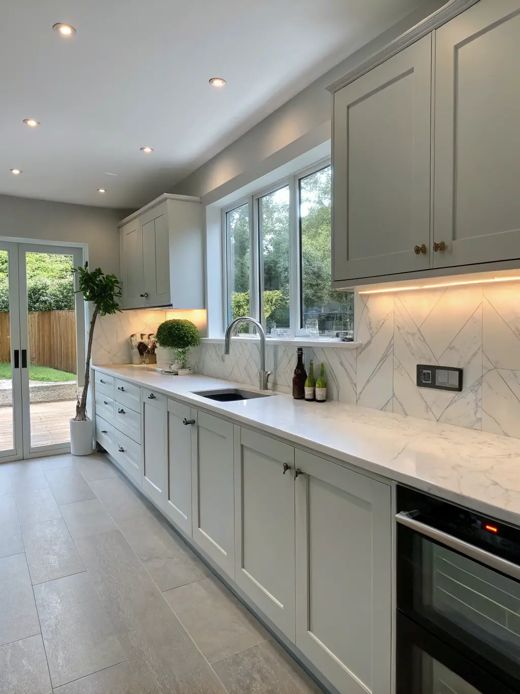 A modern kitchen with new cabinetry, countertops, and stylish lighting, showcasing a complete renovation.