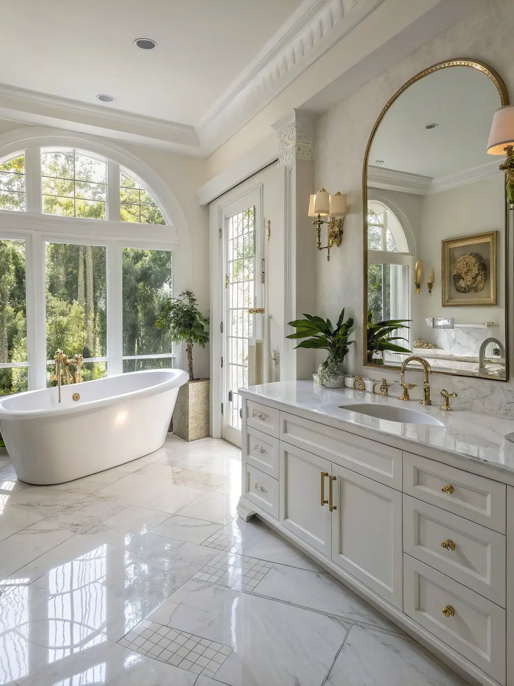 A luxurious bathroom featuring a standalone tub, elegant tiling, and modern fixtures, highlighting a high-end renovation.