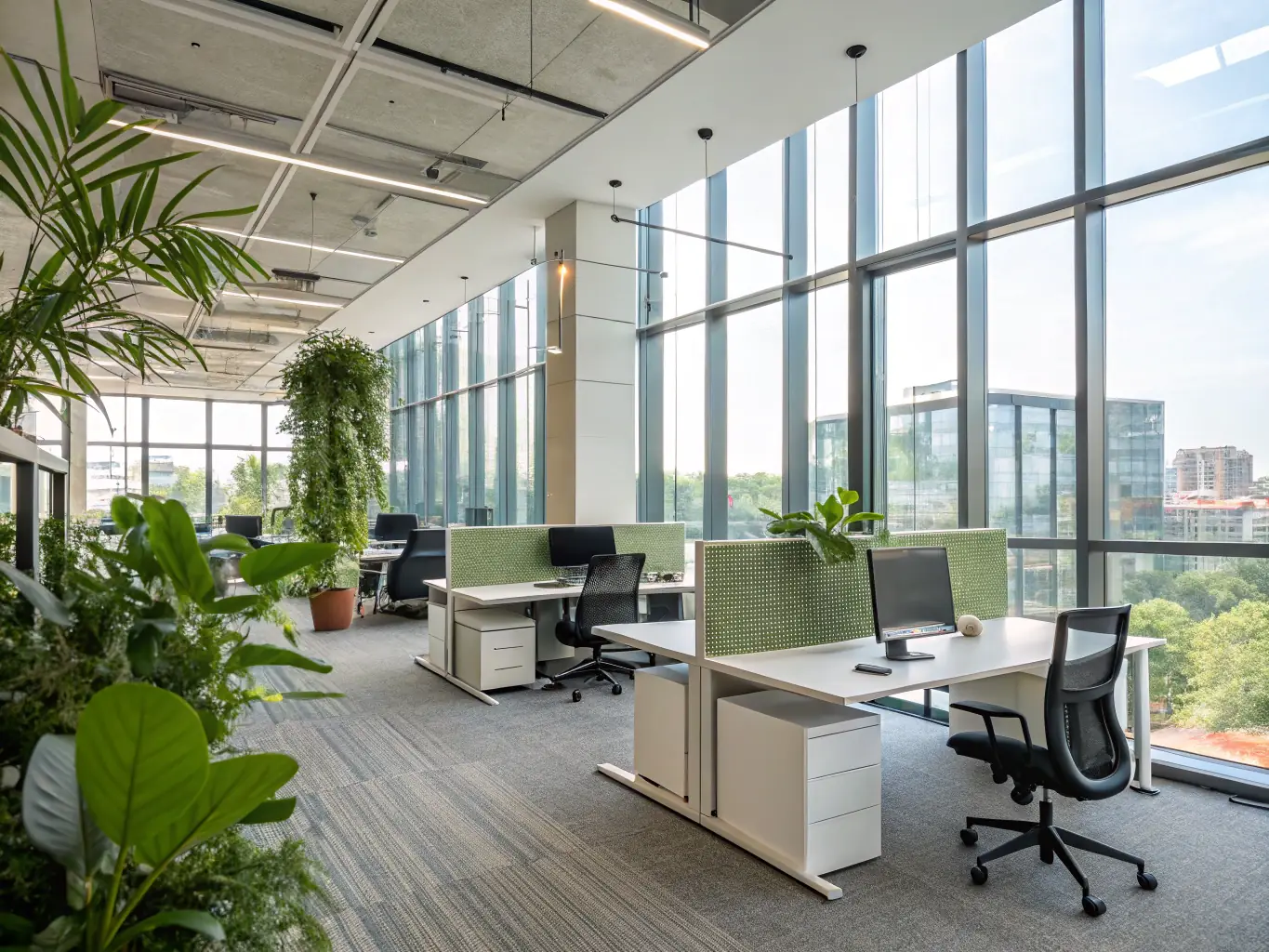 A renovated commercial office space with an open-plan layout, modern lighting, and collaborative workspaces, reflecting DK LLC's capabilities in commercial renovations.